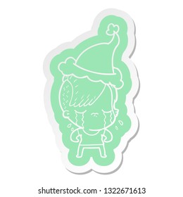 quirky cartoon  sticker of a crying girl wearing santa hat