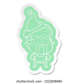 quirky cartoon  sticker of a crying man wearing santa hat