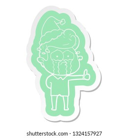 quirky cartoon  sticker of a crying man wearing santa hat