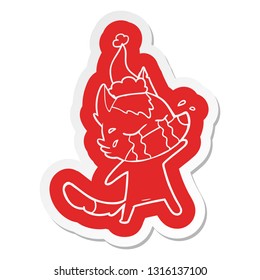 quirky cartoon  sticker of a crying wolf wearing santa hat