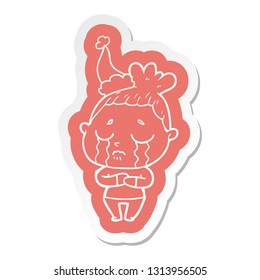 quirky cartoon  sticker of a crying woman wearing santa hat