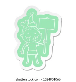 quirky cartoon  sticker of a crying woman with protest sign wearing santa hat