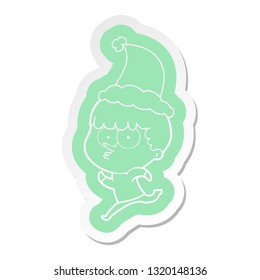 quirky cartoon  sticker of a curious boy running wearing santa hat
