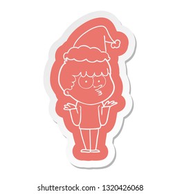quirky cartoon  sticker of a curious boy shrugging shoulders wearing santa hat