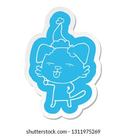 quirky cartoon  sticker of a dog sticking out tongue wearing santa hat