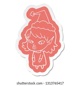 quirky cartoon  sticker of a elf girl with pointy ears wearing santa hat