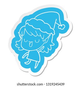 quirky cartoon  sticker of a elf girl wearing santa hat