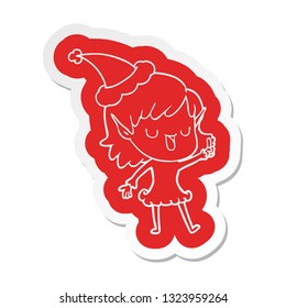 quirky cartoon  sticker of a elf girl wearing santa hat