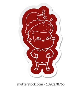 quirky cartoon  sticker of a excited man wearing santa hat