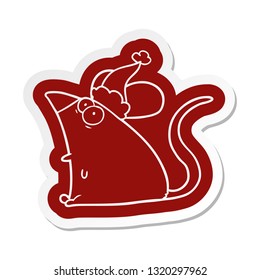 quirky cartoon  sticker of a frightened mouse wearing santa hat