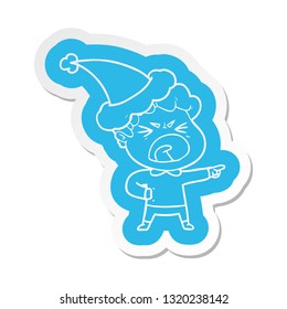 quirky cartoon  sticker of a furious man wearing santa hat