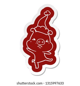 quirky cartoon  sticker of a furious pig wearing santa hat