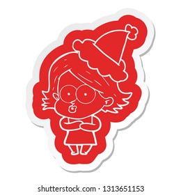 quirky cartoon  sticker of a girl pouting wearing santa hat