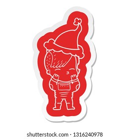 quirky cartoon  sticker of a girl wearing futuristic clothes wearing santa hat