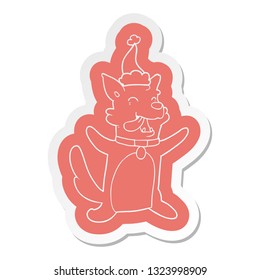 quirky cartoon  sticker of a happy dog wearing santa hat