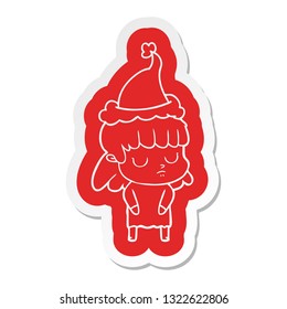 quirky cartoon  sticker of a indifferent woman wearing santa hat