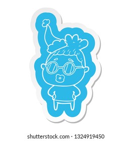 quirky cartoon  sticker of a librarian woman wearing spectacles wearing santa hat