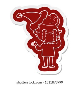 quirky cartoon  sticker of a man crying wearing santa hat