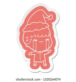 quirky cartoon  sticker of a man crying wearing santa hat