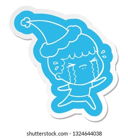 quirky cartoon  sticker of a man crying wearing santa hat