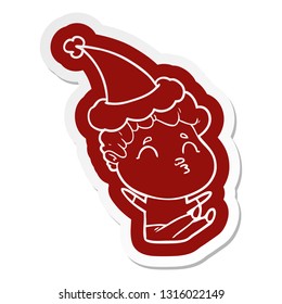 quirky cartoon  sticker of a man pouting wearing santa hat