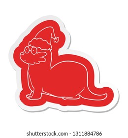 quirky cartoon  sticker of a otter wearing santa hat