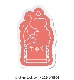 pegatina peculiar de dibujos animados de un chip de computadora sobrecalentado con sombrero santa