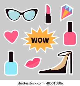 Quirky cartoon sticker patch badge set. Fashion pin. Lipstick, heart, wow text bubble star, diamond, shoes lips, sunglasses nail polish. White line contour Isolated Gray background. Flat design Vector