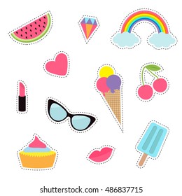 Quirky cartoon sticker patch badge set. Fashion pin. Lipstick, heart, rainbow, cloud, cupcake, diamond, ice cream, watermelon lips, cherry sunglasses Dash line contour Isolated Flat Vector
