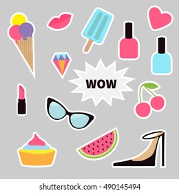 Quirky cartoon sticker patch badge set. Fashion pin. Lipstick, heart, wow text, cupcake, diamond, shoes, ice cream, watermelon, lips cherry, sunglasses nail polish White line contour Flat Vector