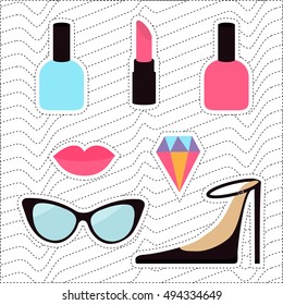 Quirky cartoon sticker patch badge set. Woman Fashion pin. Lipstick, diamond gem, shoes, lips, sunglasses, eye glasses, nail polish White black wave dash line optical background Flat design Vector