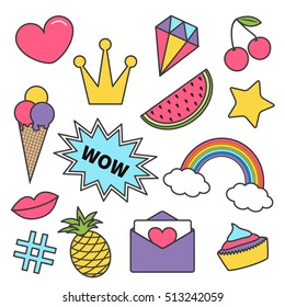 Quirky cartoon sticker patch badge set. Kawaii pin. Heart crown diamond cherry rainbow cloud cupcake ice cream watermelon lips star wow text pineapple hashtag envelope letter Isolated Flat Vector
