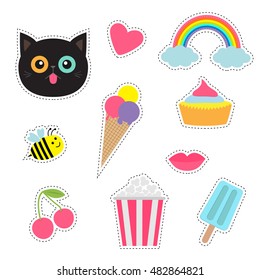 Quirky cartoon sticker patch badges set. Fashion pin collection. Cat, heart, rainbow cloud, cupcake, bee, ice cream, popcorn, lips cherry Dash line contour Isolated Baby background. Flat design Vector