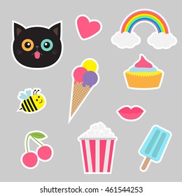 Quirky cartoon sticker patch set. Summer time badges. Fashion pin collection Cat, heart rainbow cloud cupcake bee ice cream popcorn lips cherry. Isolated Baby background. Flat design Vector