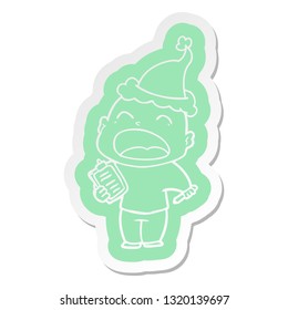 quirky cartoon  sticker of a shouting bald man wearing santa hat