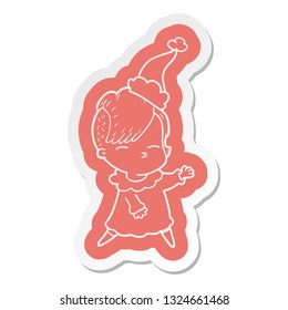 quirky cartoon  sticker of a squinting girl wearing santa hat