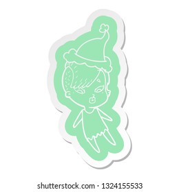 quirky cartoon  sticker of a surprised girl wearing santa hat