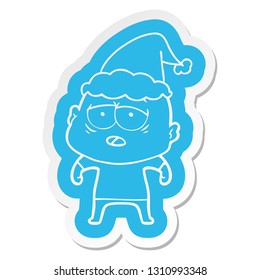 quirky cartoon  sticker of a tired bald man wearing santa hat