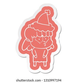 quirky cartoon  sticker of a whistling girl wearing santa hat