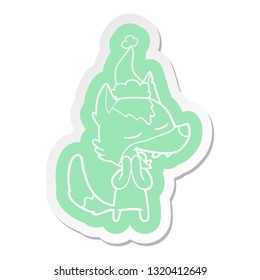 quirky cartoon  sticker of a wolf laughing wearing santa hat