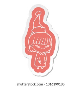 quirky cartoon  sticker of a woman wearing santa hat