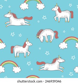 Quirky cartoon unicorn repeat pattern.