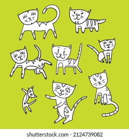 Quirky Cat doodles vector. Cats with strange, weird patterns in odd poses. Free hand, hand drawn line drawings of cartoon kitties. Coloring book outlines.