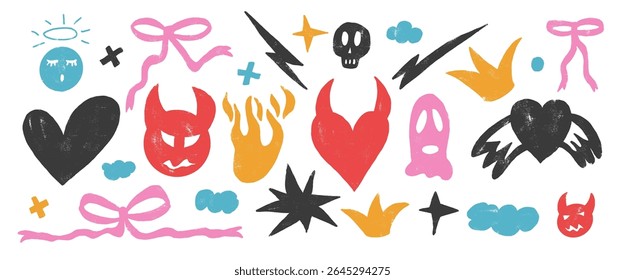 Quirky chalk doodles set. Devil and angels wax crayon background. Scribble love grunge elements. Hearts, bows, clouds and sketch shapes. Vector naive illustration by charcoal isolated on white bg.