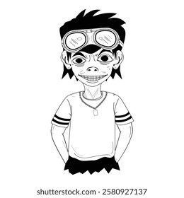 A quirky character with goggles and a slightly mischievous grin. The black and white line art adds a playful yet mysterious vibe. Perfect for a variety of creative projects