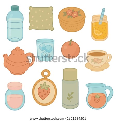A quirky and charming illustration A quirky and charming illustration featuring a random assortment of objects, including a pillow, a box, and more. 
