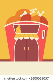 A quirky chicken restaurant shaped like a fried chicken bucket with a confused-looking chicken peeking out