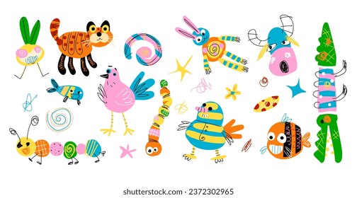 Quirky childish creatures. Ugly strange monsters of kid imagination, child doodle funny creature with eyes legs, scary mascot characters figure, classy vector illustration of childish monster strange