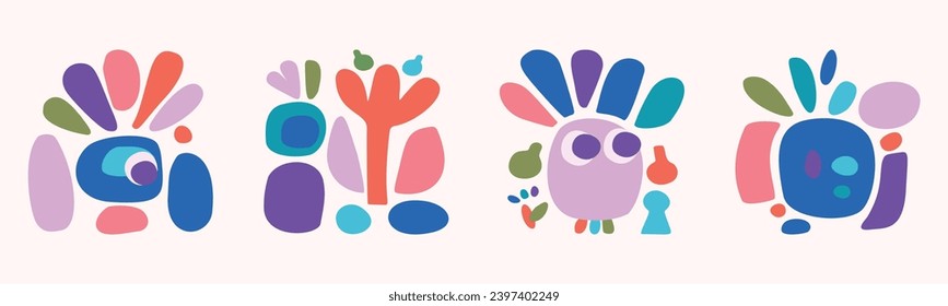 Quirky childrens monster illustration set in hand drawn cheerful shape style. Flat elements of vector doodles for playful kindergarten minimal art. 
