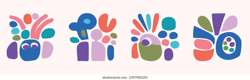 Quirky childrens monster illustration set in hand drawn cheerful shape style. Flat elements of vector doodles for playful kindergarten minimal art. 